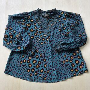 Scoop Blouse Girls 12-14 Green Animal Print High Neck Long Sleeve Ruffle Smocked